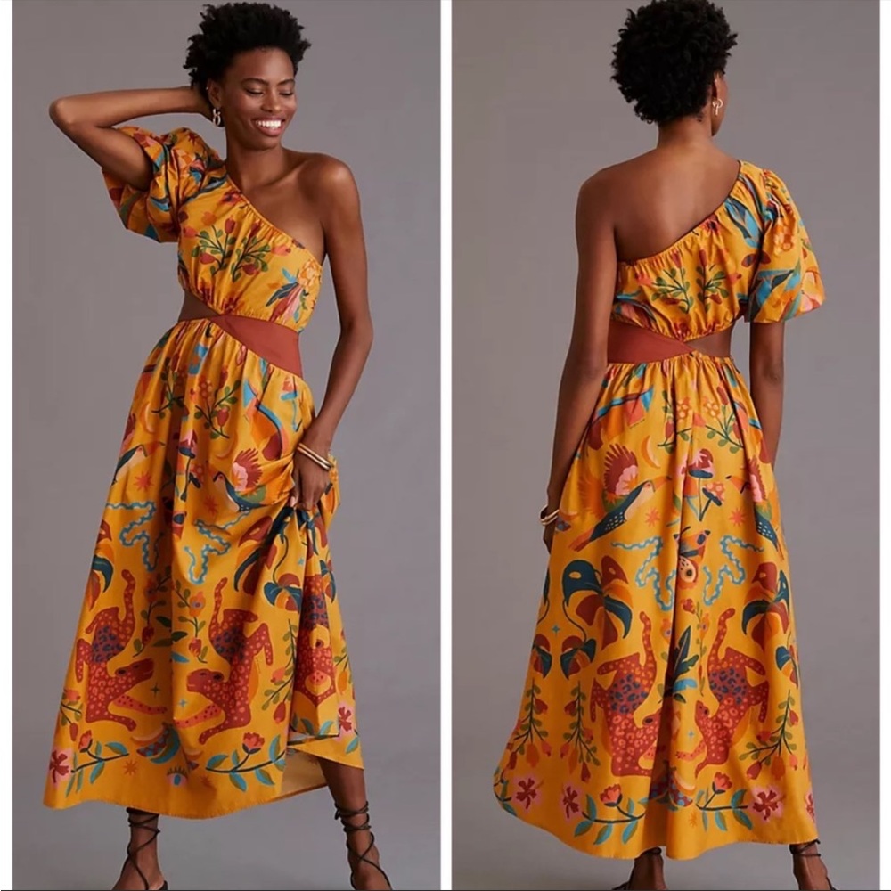 Farm Rio One Shoulder Tropical Print gold yellow maxi dress